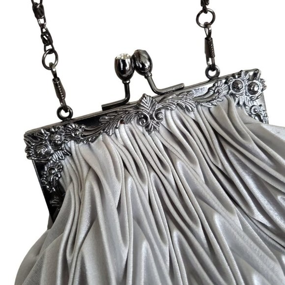 Satin Light Gray Pleated Evening Mini Bag With Short Chain Strap - Picture 2 of 11